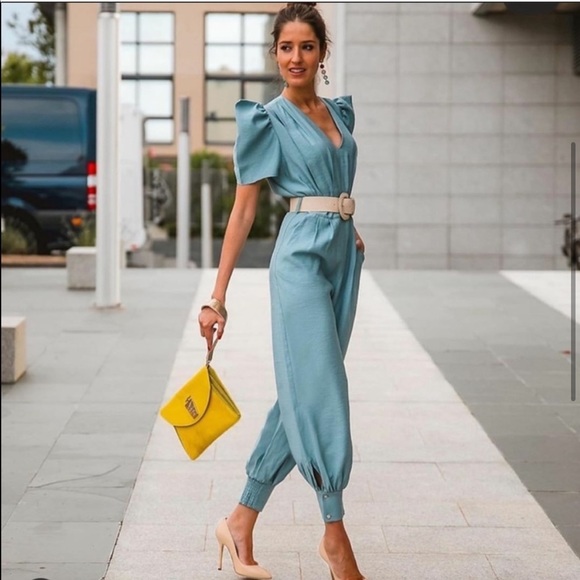 Zara Pants - Zara NWOT Puff Sleeve Blue Belted Jumpsuit
